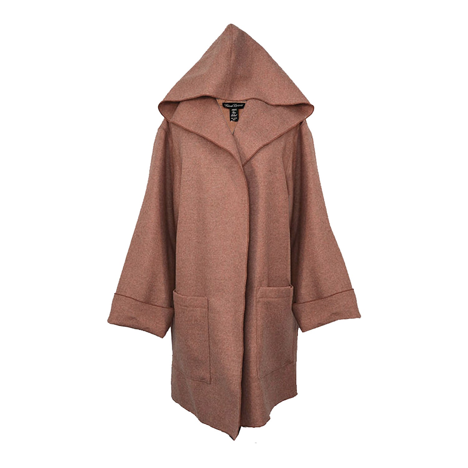 Persimmon-colored oversized wool coat with hood, wide cuffs, and front pockets — Alisha coat in deadstock wool.