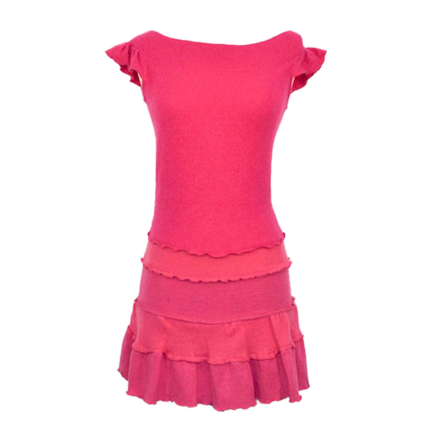 Pink cashmere off-shoulder mini dress with flutter sleeves and ruffle tiered skirt.