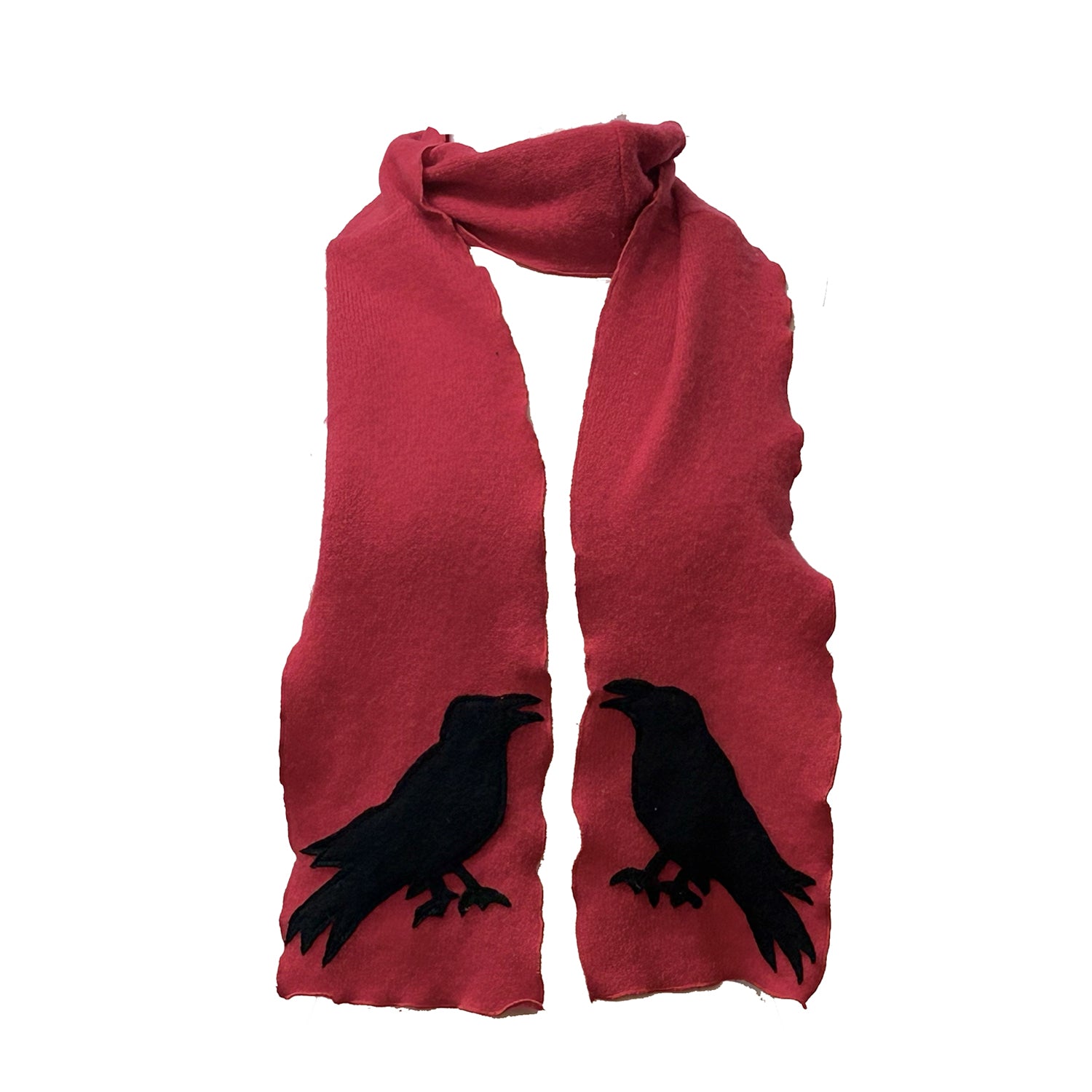 red cashmere scarf with black ravens.