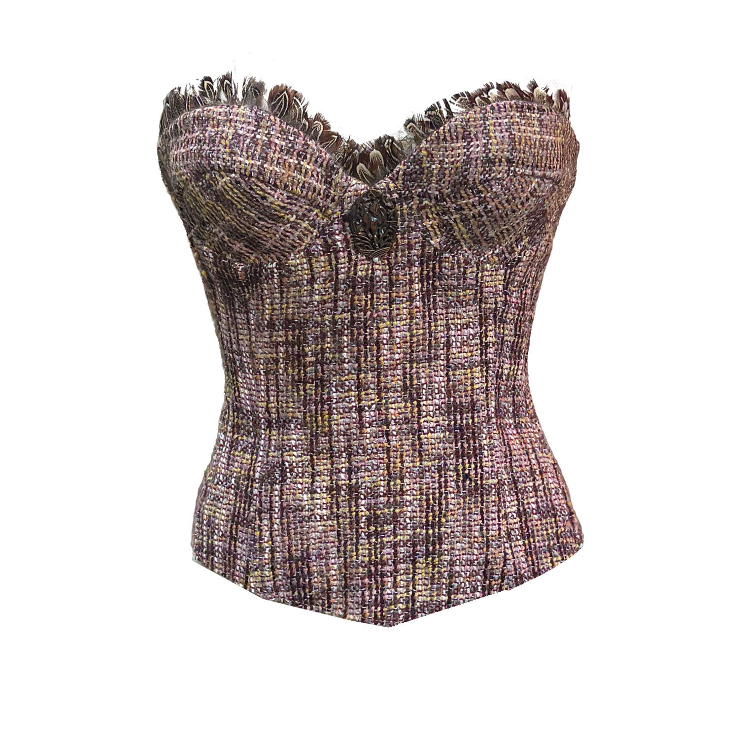Rosalind Bustier in vintage silk tweed with sculpted cups, frayed feather trim and corset detailing.