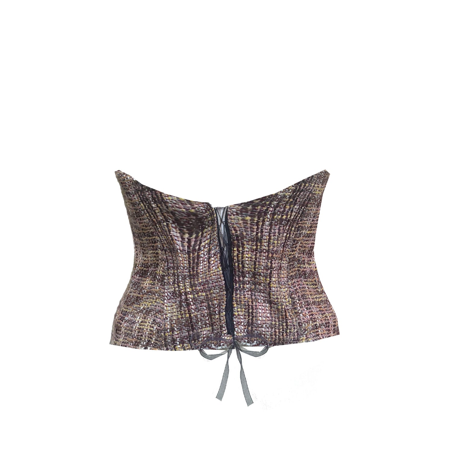 Rosalind Bustier in vintage silk tweed with sculpted cups, frayed feather trim and corset detailing.