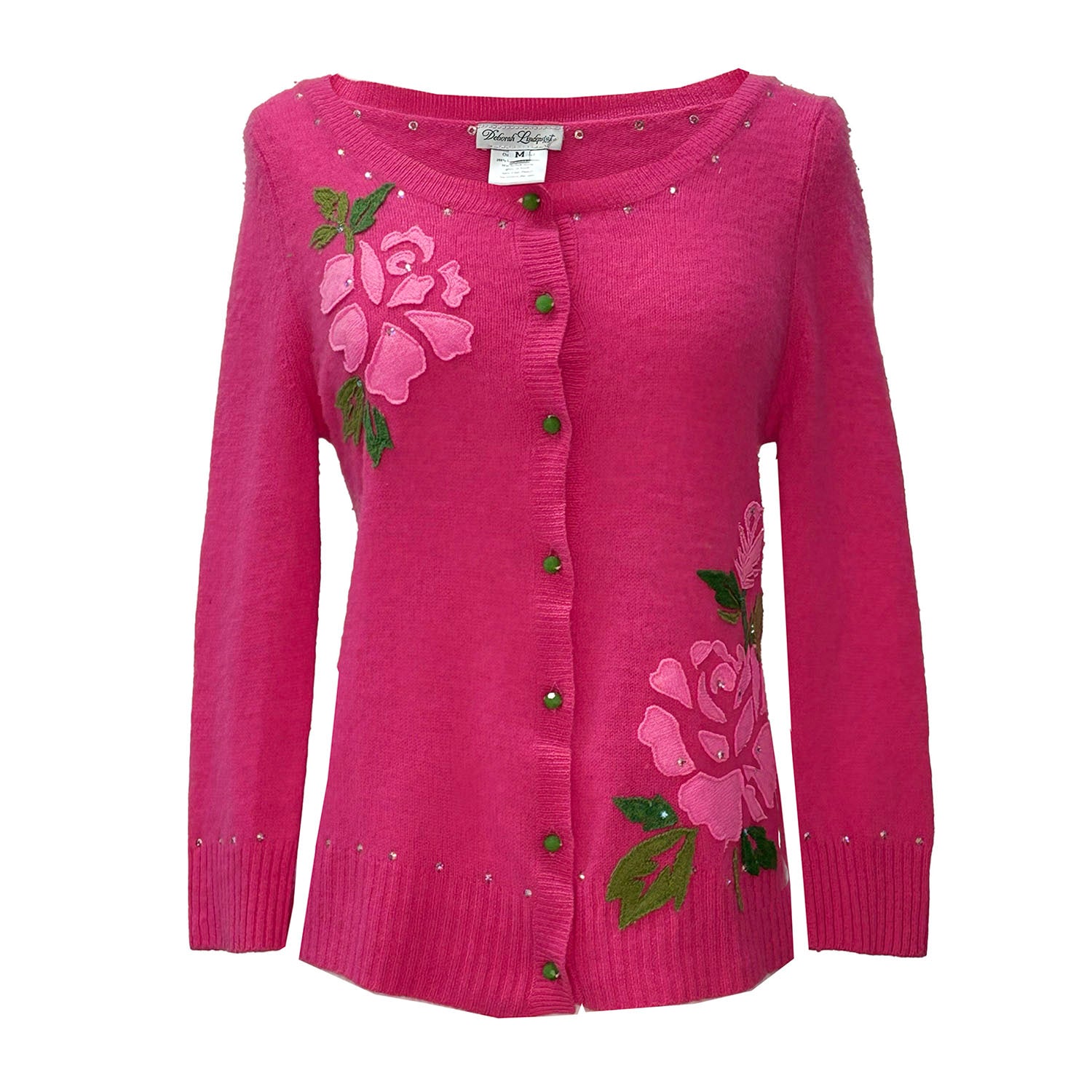 Bright pink cashmere cardigan with pink rose appliqués, rhinestone accents, and bead buttons. One-of-a-kind, handmade design.