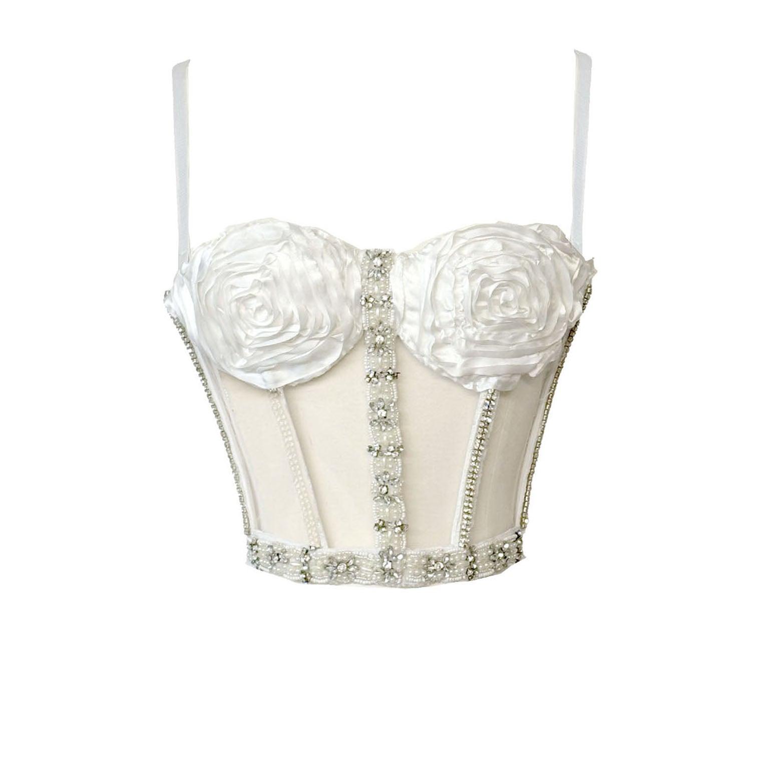 Rosette Bustier – Sheer caged bridal bustier with floral ribbon detailing, pearl and rhinestone embellishment.