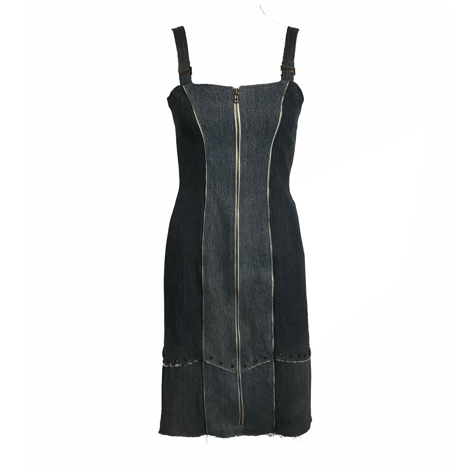 Distressed black fitted sheath dress made from upcycled denim with front zipper, raw edges, princess seam zippers, and studded hem.
