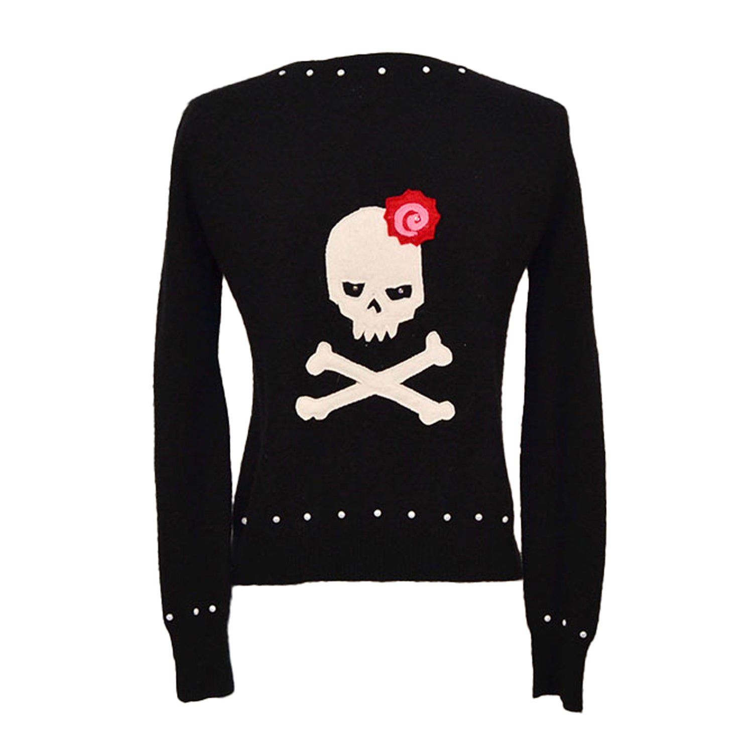 back Skull Cardigan in black reincarnated cashmere with skull and rose appliqué, pearl buttons, and pearl studs
