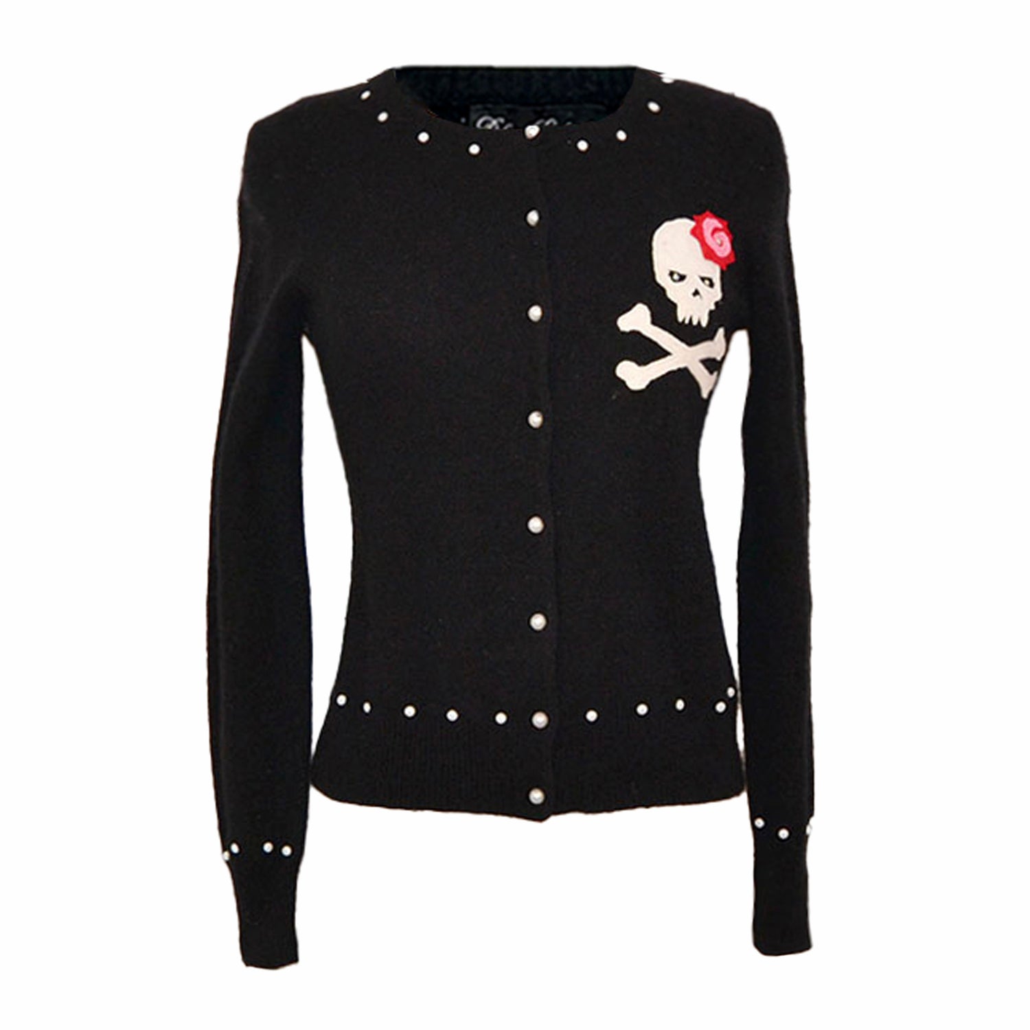 Skull Cardigan in black reincarnated cashmere with skull and rose appliqué, pearl buttons, and pearl studs