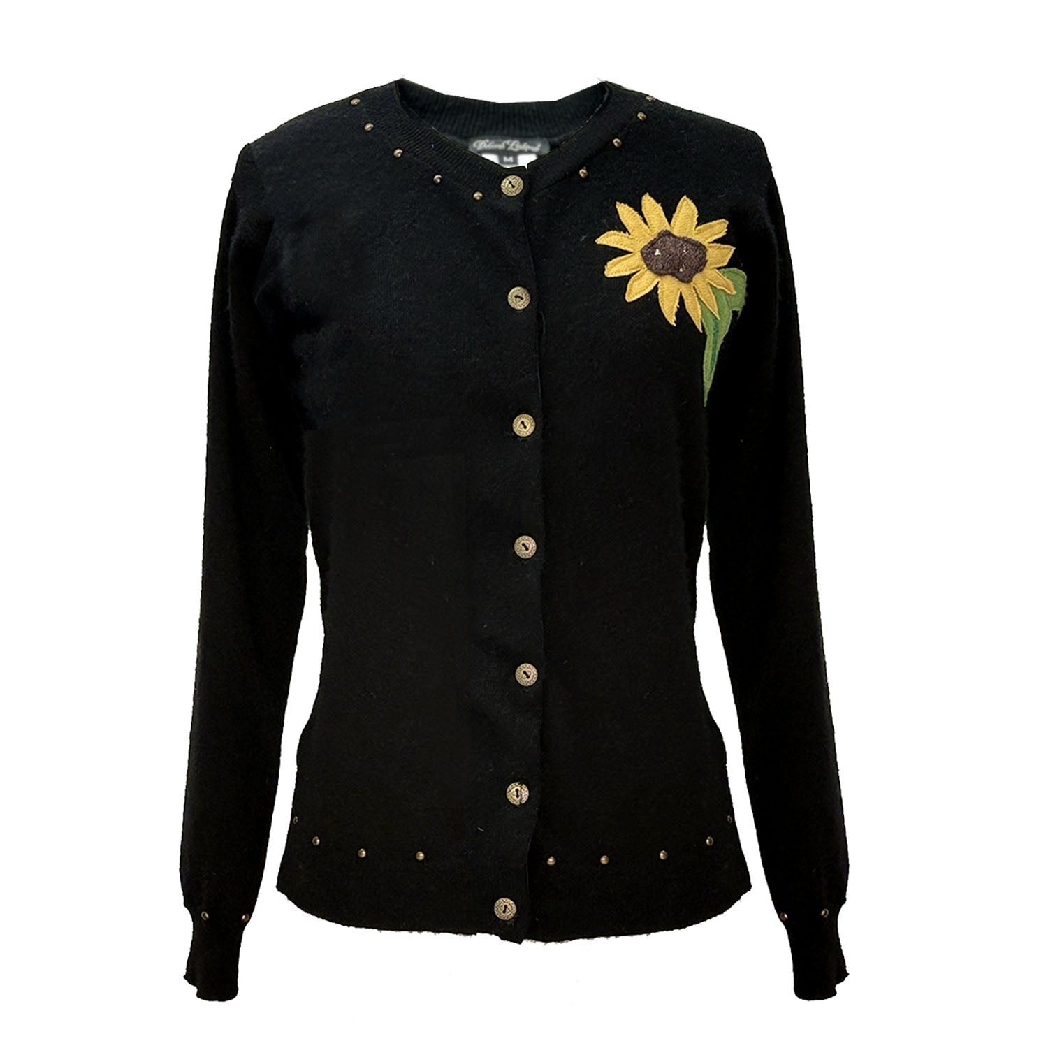 Sunflower Cardigan in black upcycled cashmere with floral appliqué at front chest, metal buttons and brass studs