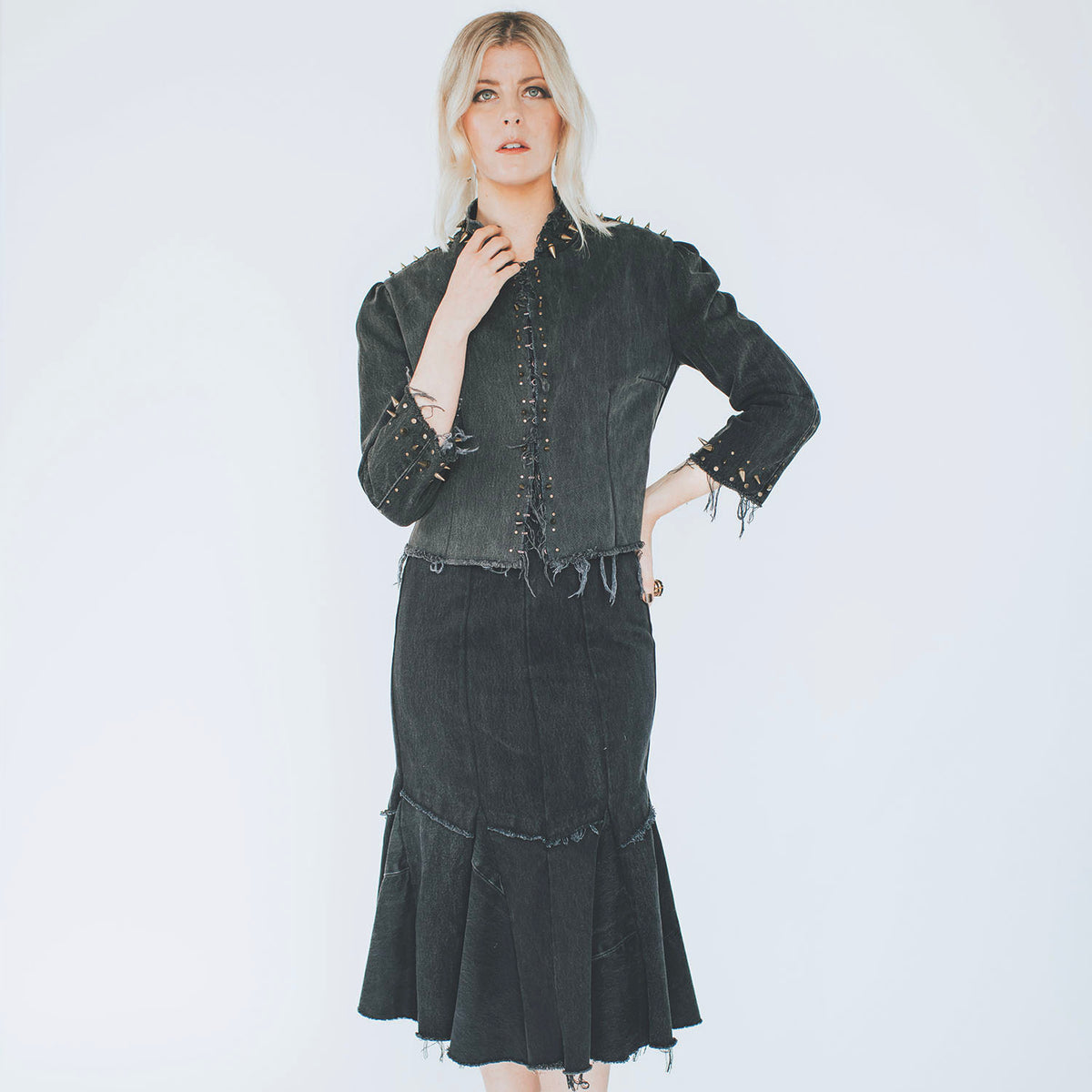model in distressed black suzi jacket with studs