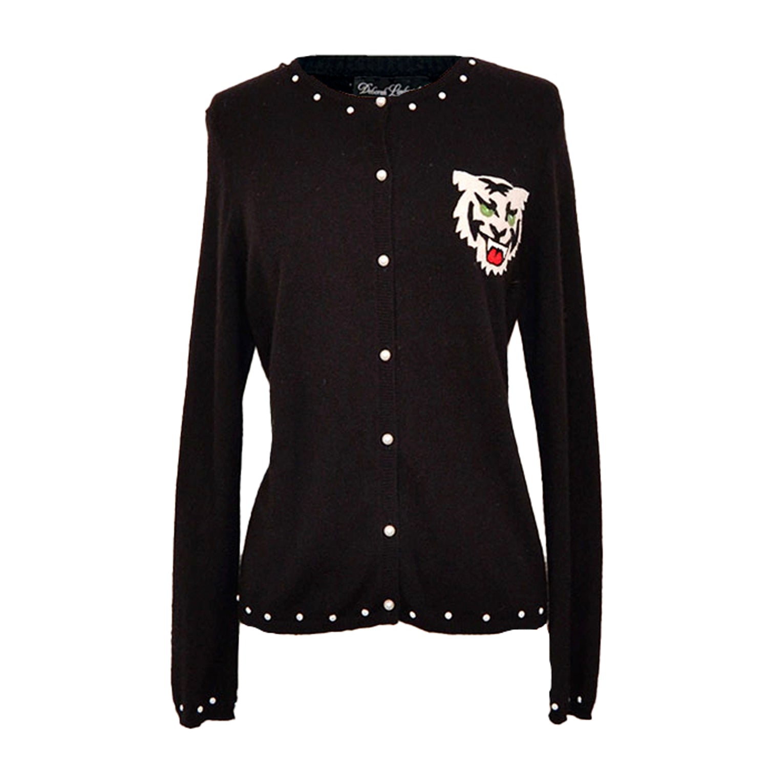 Tiger Cardigan in black reincarnated cashmere with front tiger appliqué, pearl buttons, and studded details