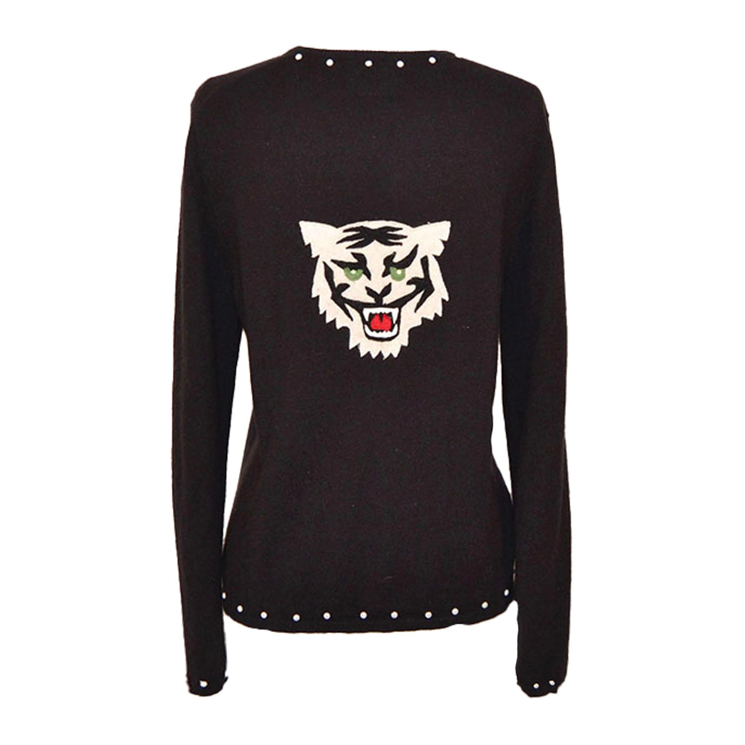 back Tiger Cardigan in black reincarnated cashmere with front tiger appliqué, pearl buttons, and studded details"