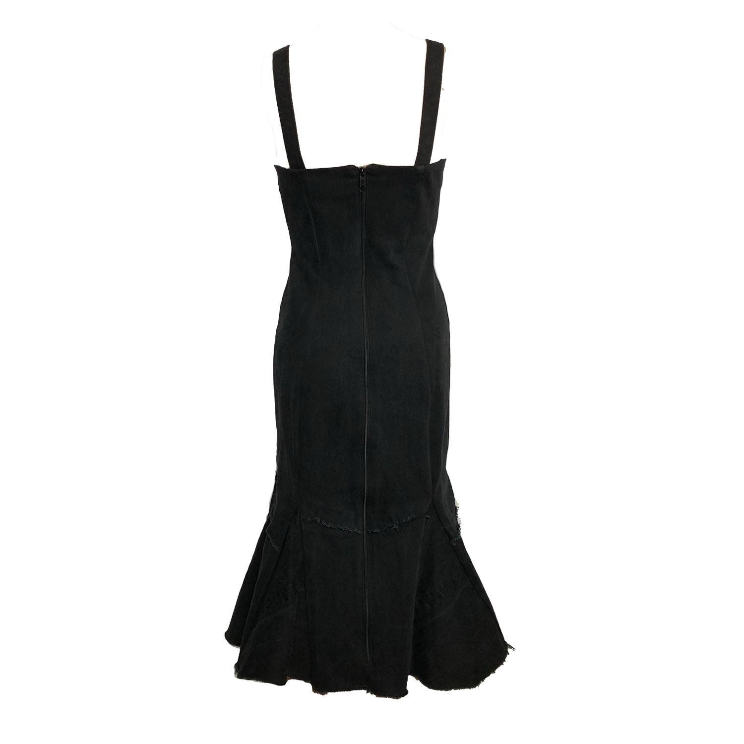 back Twyla Dress – fit-and-flare upcycled denim dress with raw hem and exposed back zipper, mermaid silhouette shown in black.