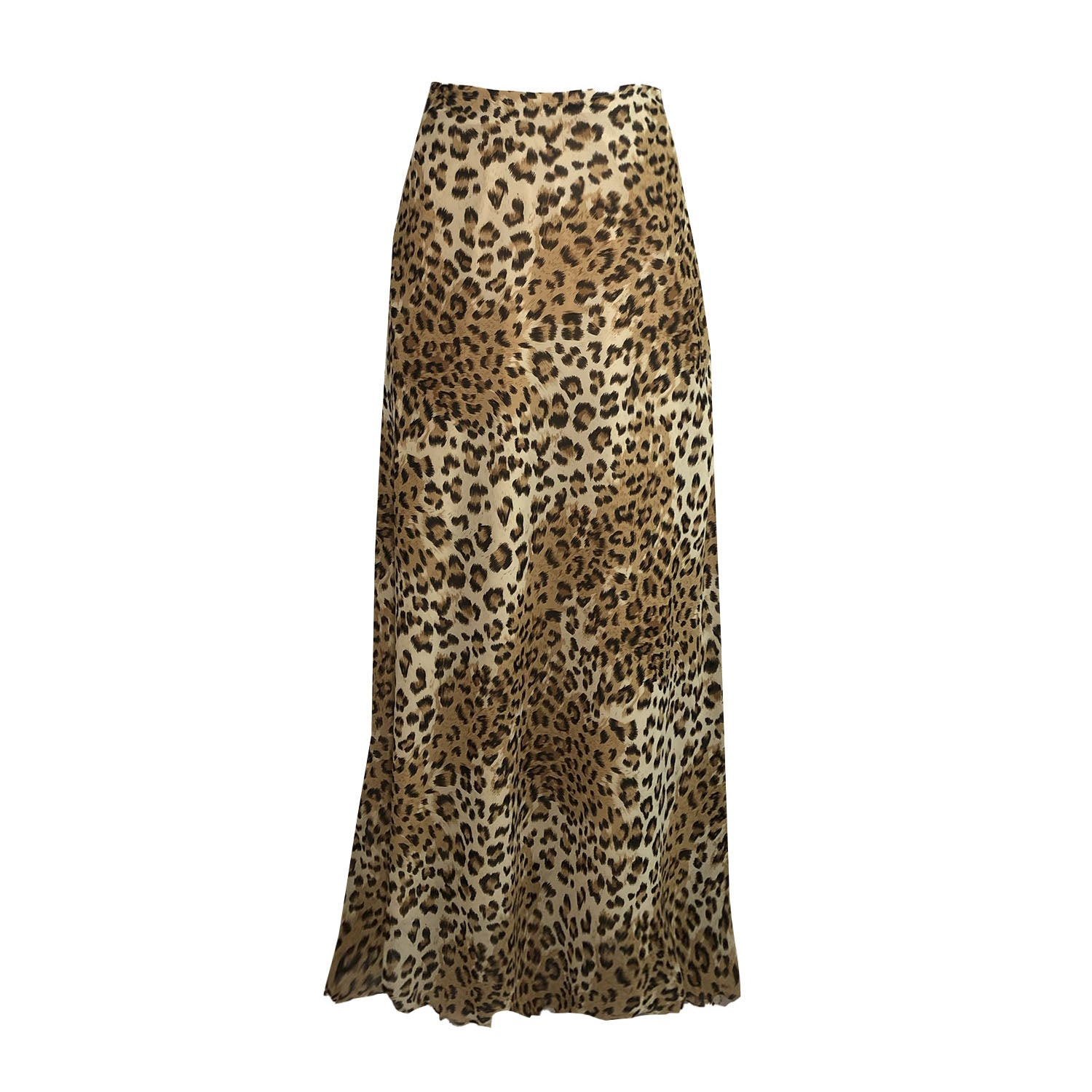 Leopard-print vegan rayon bias-cut slipskirt with invisible side zipper and cotton voile lining, made from sustainable deadstock fabric.