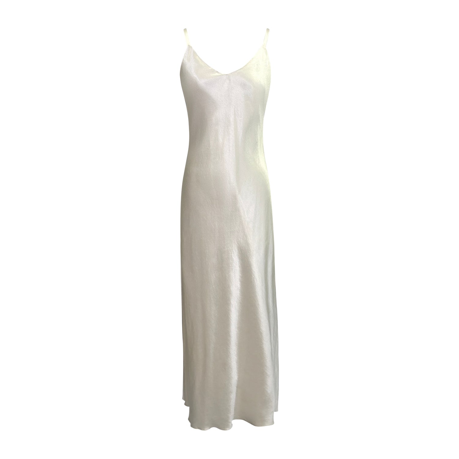 Vivien Slipdress in hemp/silk satin – ivory bias-cut slipdress with adjustable straps, full-length and softly draped.
