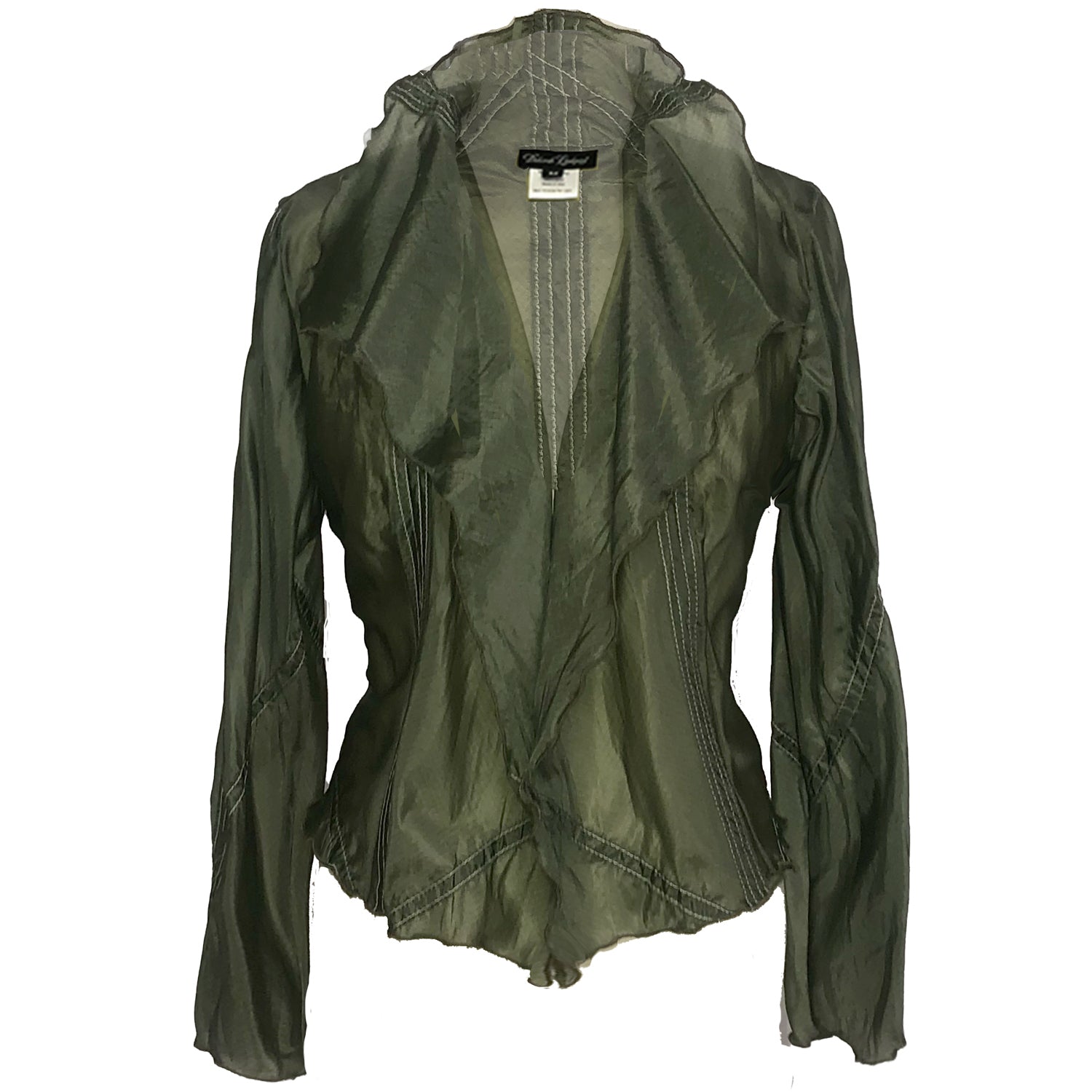 Lightweight olive green parachute jacket with long sleeves and a softly draped, flutter-style front.