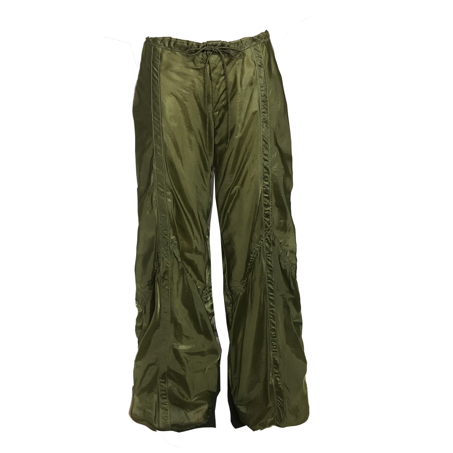 Wide-leg nylon parachute pants in neutral tone with drawstring waist and fly front, made from upcycled military material.