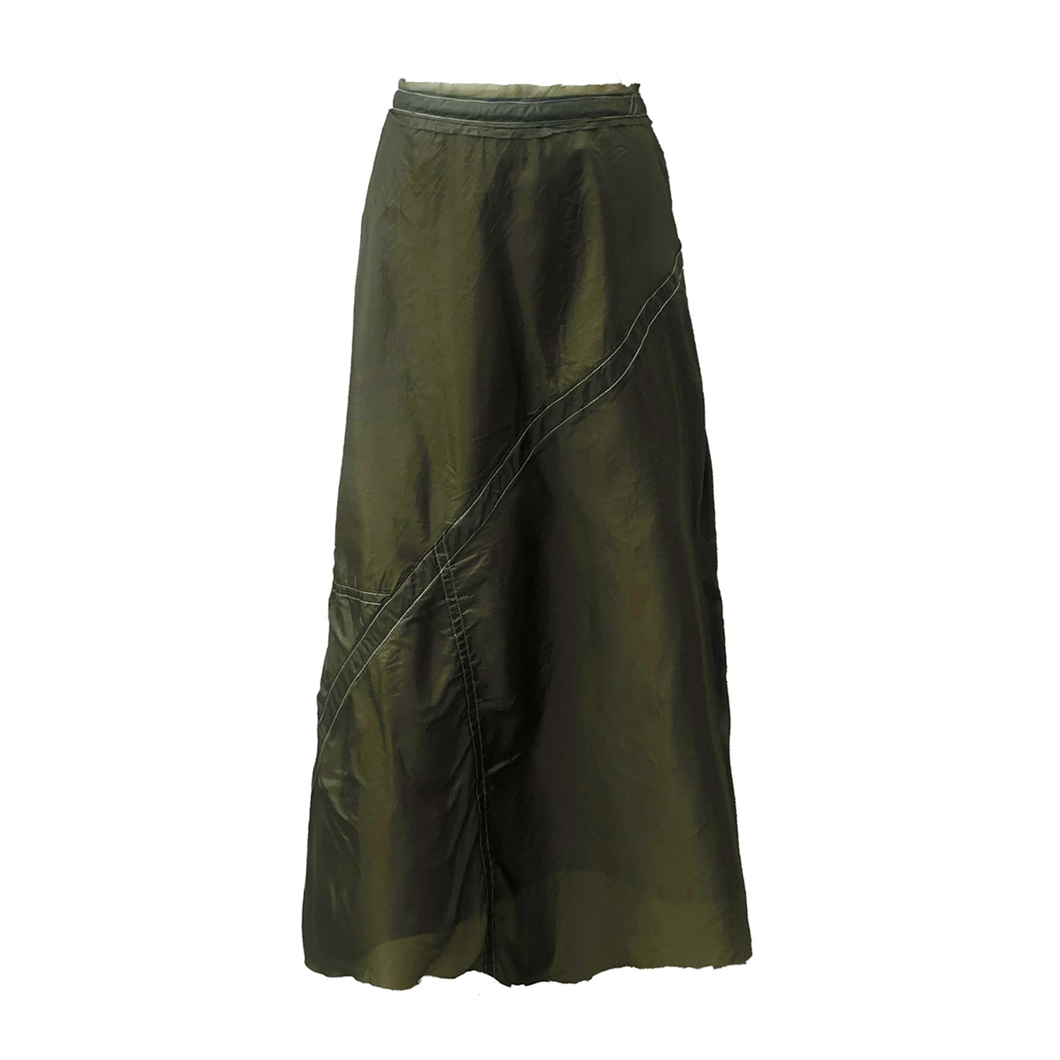 Solid olive green bias-cut midi skirt made from upcycled parachute nylon; A-line silhouette with soft drape and tonal seam detail.