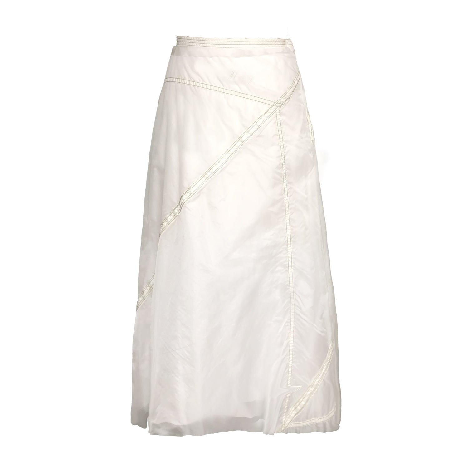 White bias-cut midi skirt made from upcycled parachute nylon; A-line shape with subtle seam variations and soft drape.
