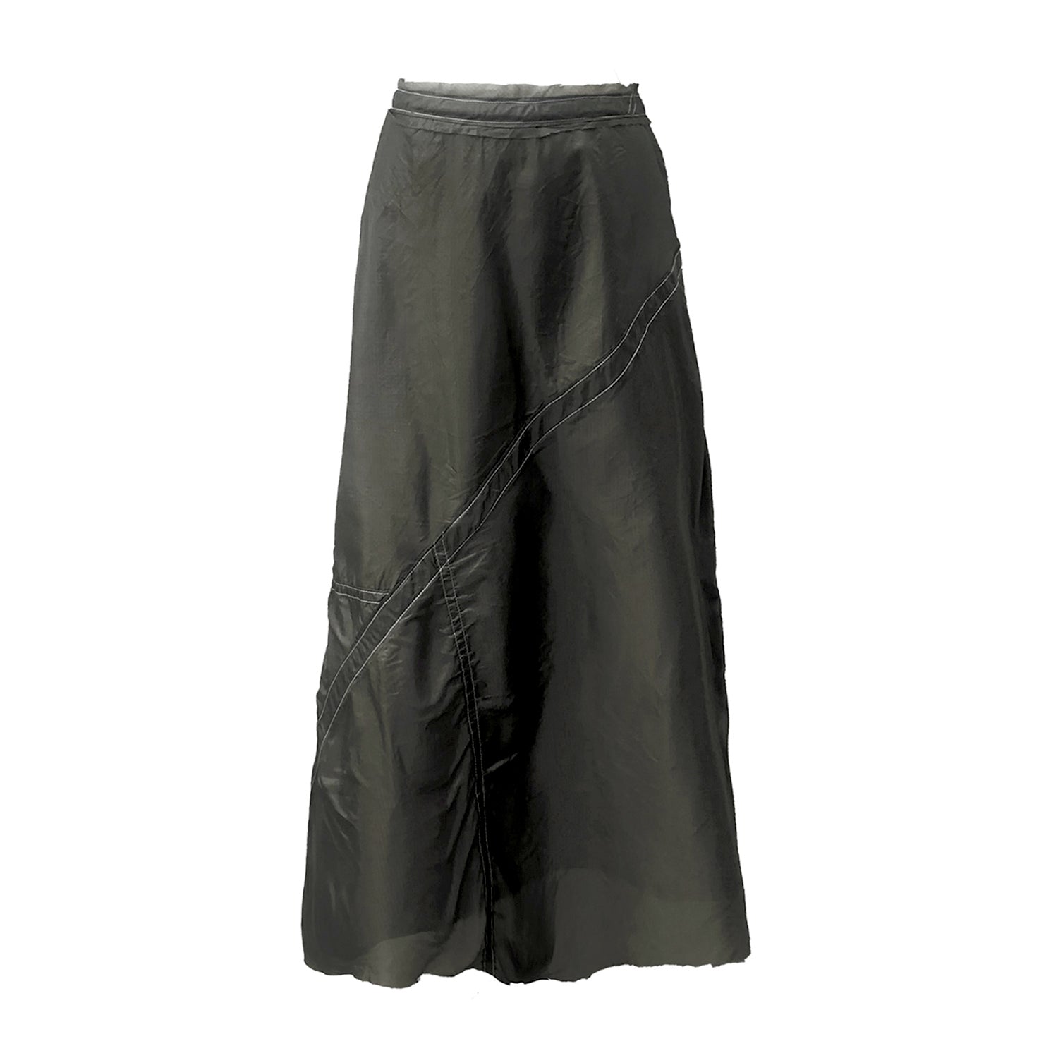 Steel grey bias-cut midi skirt in upcycled parachute nylon with A-line silhouette and tonal seamline variation.parachute fabric.