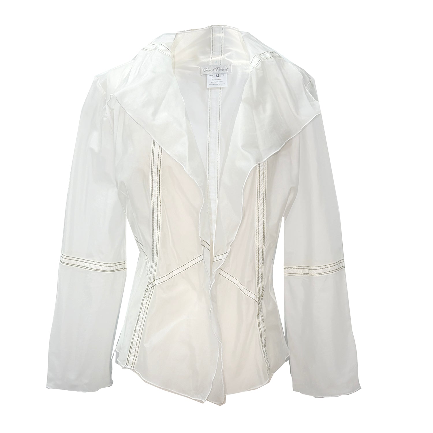 Lightweight white parachute jacket with long sleeves and a softly draped, flutter-style front.