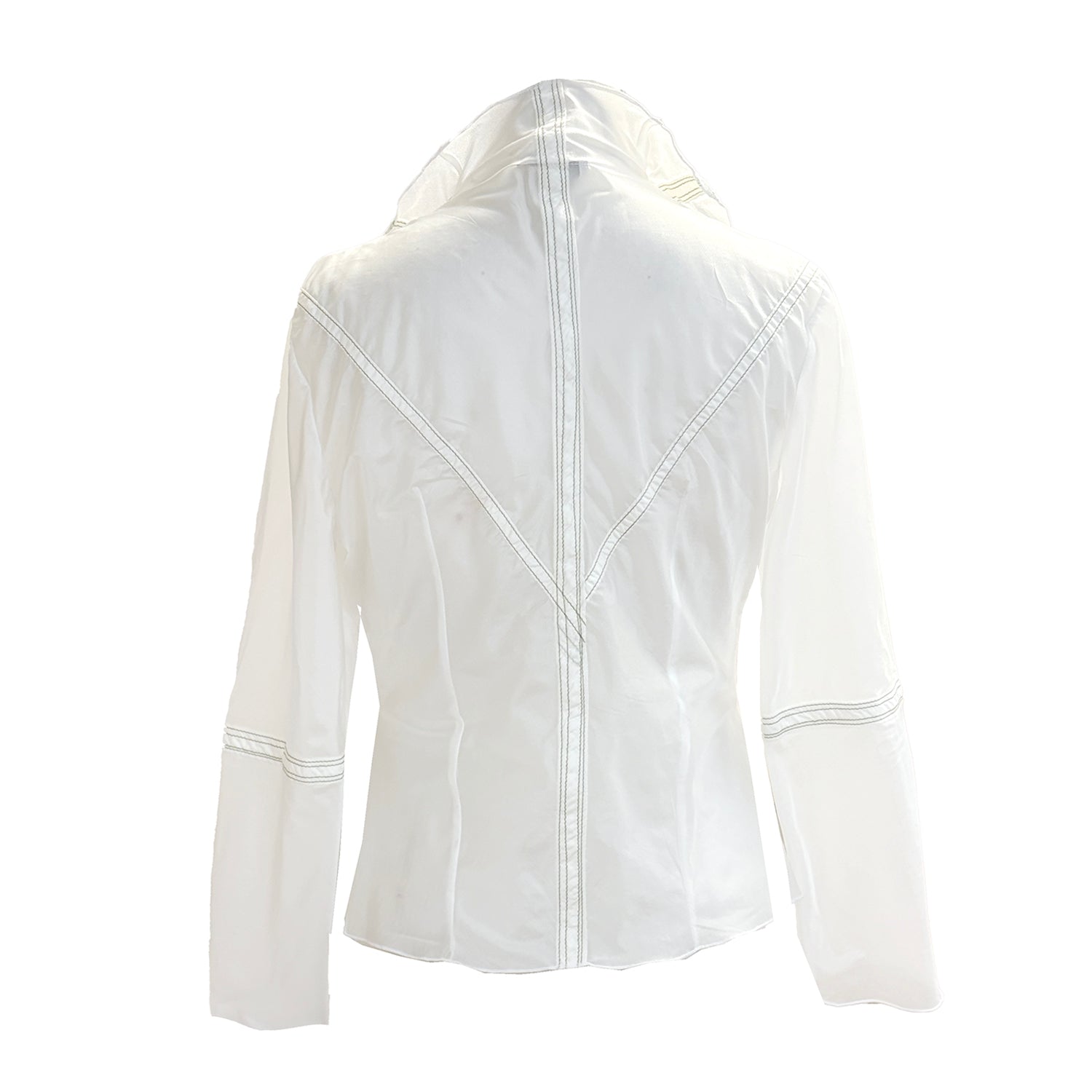 back Lightweight white parachute jacket with long sleeves and a softly draped, flutter-style front.