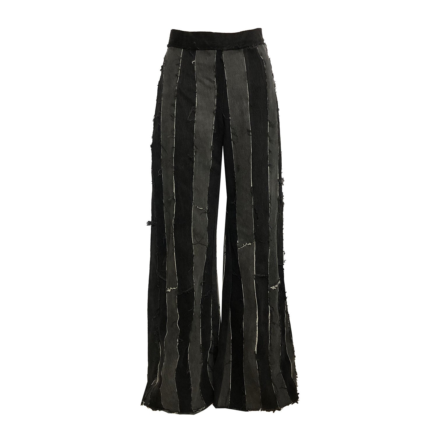 Wide Leg Layla Stripe Jean – high-waisted wide-leg flare jeans in black upcycled denim with raw-edge vertical panel stripes.