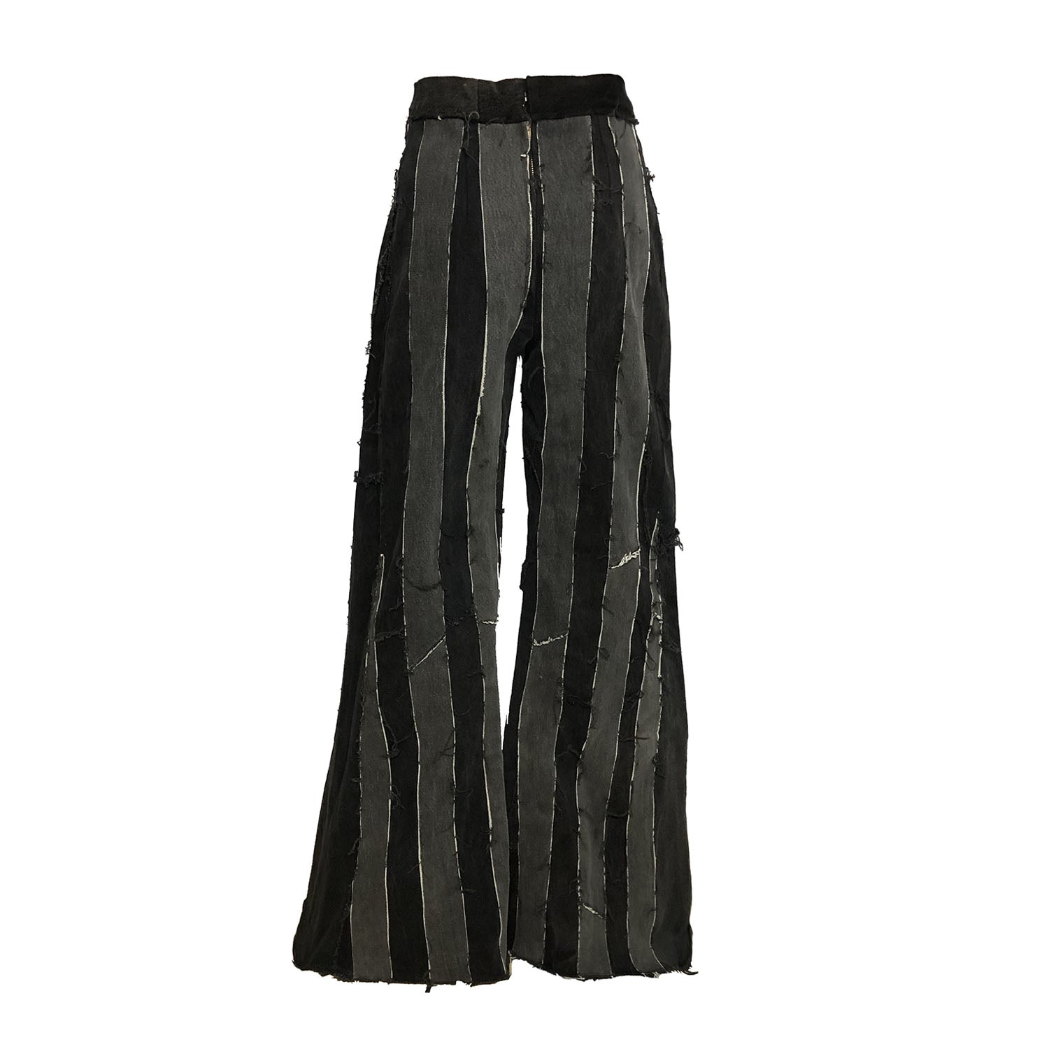 back Wide Leg Layla Stripe Jean – high-waisted wide-leg flare jeans in black upcycled denim with raw-edge vertical panel stripes.