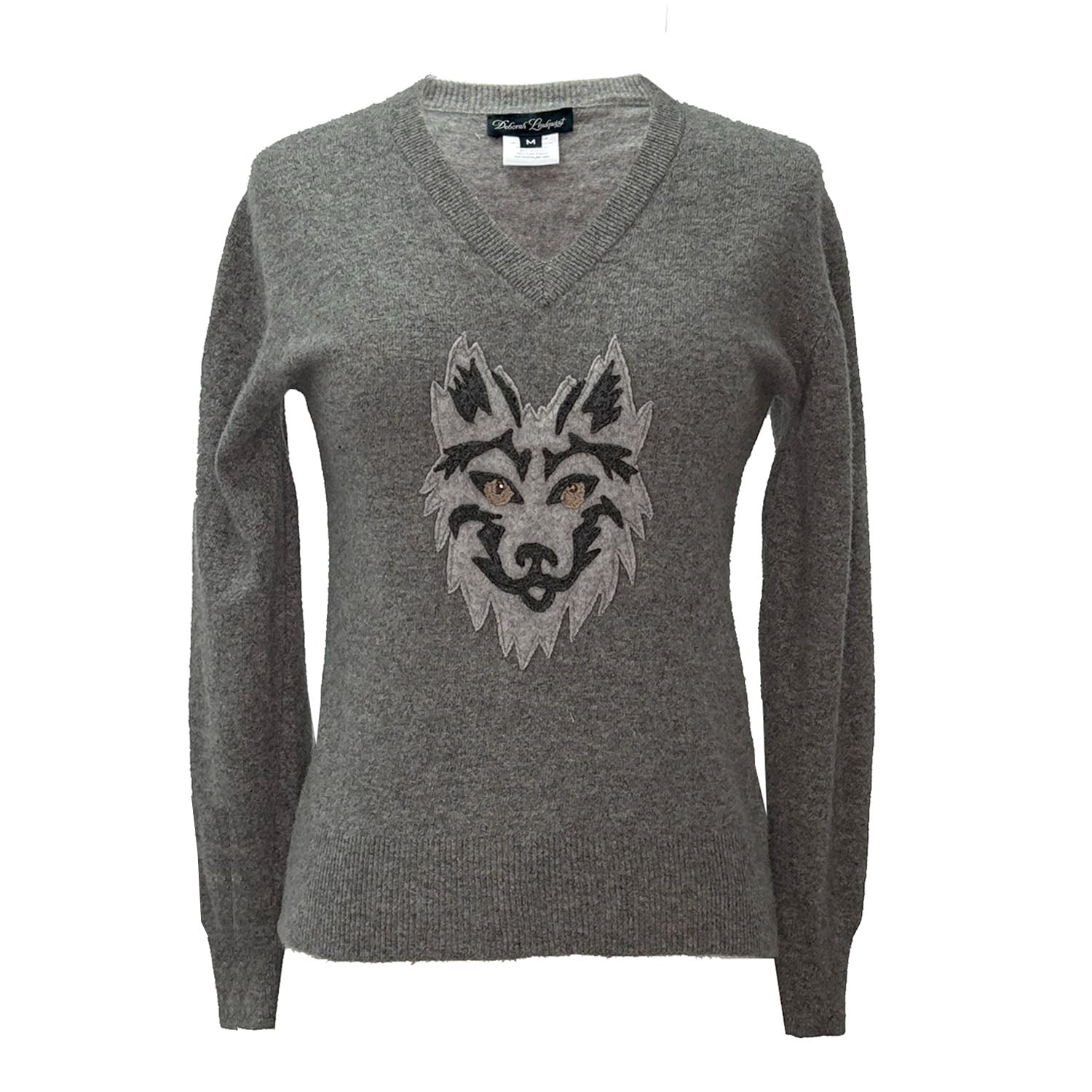 Grey cashmere v-neck pullover with rhinestone-accented wolf appliqué on front.