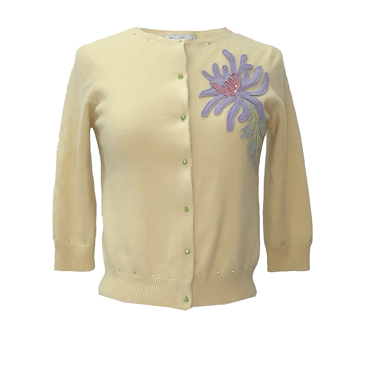 Chrysanthemum Cardigan in cropped yellow cashmere, embellished with floral appliqués and rhinestones, 