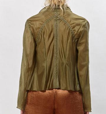 Lightweight olive green parachute jacket with long sleeves and a softly draped, flutter-style front. on model