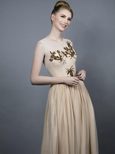 Model-Autumn Beaded Gown with vintage beaded wool illusion bodice and soft English net and silk chiffon skirt, in warm tones ideal for a fall wedding.