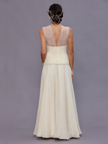 back model Long vintage beaded wool bustier with illusion neckline and pearl hand beading by Deborah Lindquist.