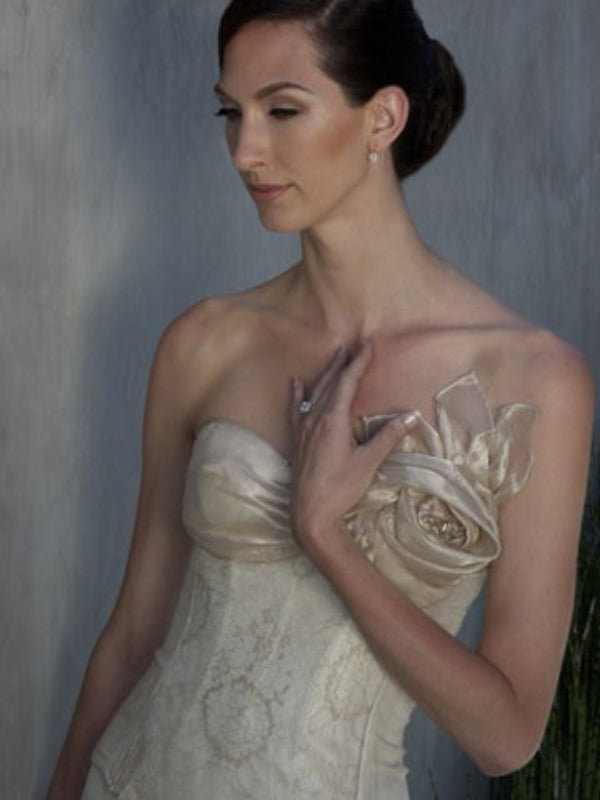 Lana Bustier – Vintage silk organza and metallic lace bustier with 3D floral bodice detail and hook-back closure