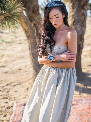 model Pewter silk ballgown with metallic vintage lace bustier bodice 