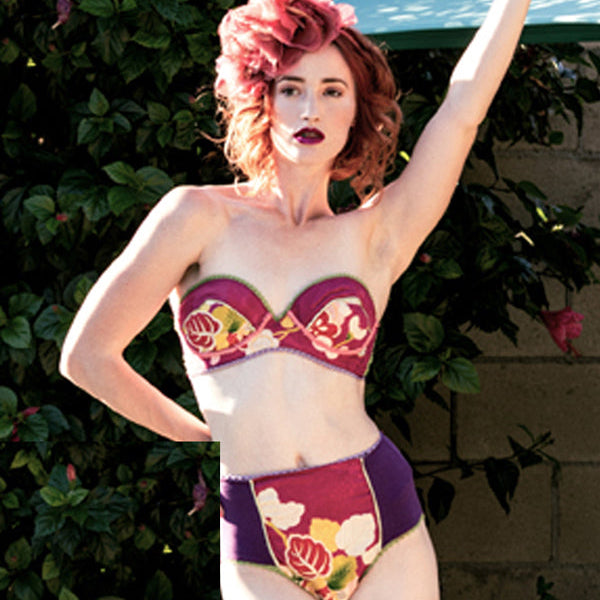 Magenta floral retro two-piece swimsuit with high waist and balconette top — Solène Retro Suit, handmade from vintage kimono.