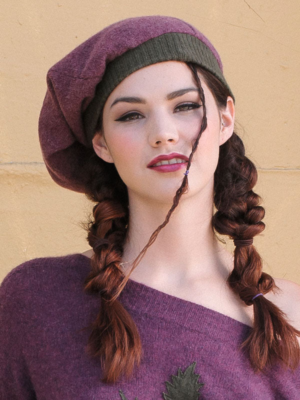 Reversible slouchy cap made from recycled purple and olive cashmere — soft, double-layered knit hat.