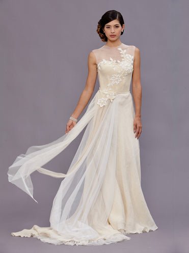 model Vivienne Beaded wool bustier with illusion neckline and English net side train.